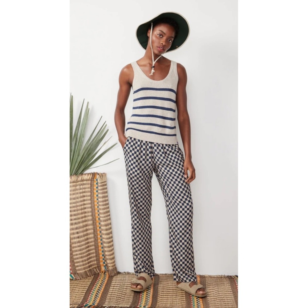 KULE The Suki Pants Taupe Indigo Checkered Elastic Waist Straight Leg XS
